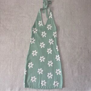Hollister Green White Floral Knit Summer Halter Mini Dress Sz Sm